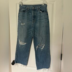 Etica Women's Distressed Ripped Grunge Blue Flare Jeans Button Up Size 29